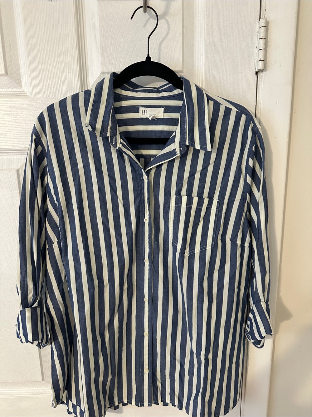 GAP Women’s Navy and White Vertical Stripe Button-Down Shirt